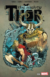  2boys adoptive_siblings alternate_form arm_hair armor axe black_facial_hair black_hair black_nails blonde_hair brothers brown_pants cape character_name chest_tattoo comic_cover copyright_logo copyright_name cover cover_page crack cracked_helmet facial_hair fake_horns fur-trimmed_pants fur_trim green_eyes helmet highres holding holding_axe holding_weapon horned_helmet horns logo loki_(marvel) long_hair looking_at_viewer male_focus marvel matt_wilson mjolnir_(marvel) moss multiple_boys muscular muscular_male nipples official_alternate_costume official_art pants pauldrons pelt red_cape runes russell_dauterman shoulder_armor siblings single_pauldron smile tattoo thor_(marvel) thor_(marvel)_(series) very_long_hair viking weapon western_comics_(style) 