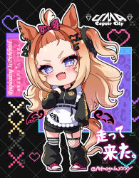  1girl animal_ears apron asymmetrical_legwear black_jacket black_leg_warmers black_shorts blue_eyes blush bow breasts character_name chibi commentary_request espoir_city_(umamusume) fang fishnet_thighhighs fishnets frilled_apron frills hair_bow hair_ornament highres horse_ears horse_girl horse_tail jacket jersey_maid leg_warmers long_hair long_sleeves looking_at_viewer maid maid_apron mismatched_legwear mismatched_thighhighs multicolored_hair one_side_up open_mouth orange_hair peteron pink_bow sandals shorts skin_fang striped_clothes striped_thighhighs tail thigh-highs track_jacket umamusume unconventional_maid waist_apron white_apron 