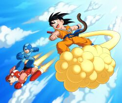  2boys absurdres black_eyes black_hair blue_helmet brown_tail clenched_hands clouds crossover diegodoodles dougi dragon_ball dragon_ball_(classic) flying_nimbus full_body goku_day green_eyes helmet highres male_focus mega_man_(character) mega_man_(classic) mega_man_(series) midair monkey_tail multiple_boys non-humanoid_robot orange_pants orange_shirt pants riding robot robot_animal robot_dog rush_(mega_man) shirt son_goku spiky_hair standing tail 