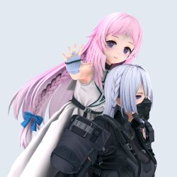  2girls 3d ak-15_(girls'_frontline) carrying girls'_frontline_2:_exilium girls_frontline helena_(girls'_frontline_2) highres long_hair maicz45 mask mouth_mask multiple_girls piggyback pink_hair reaching reaching_towards_viewer star_(symbol) voymastina_(girls'_frontline_2) white_hair 
