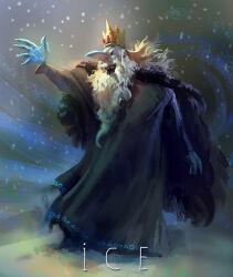  ._. 1boy adventure_time beard blue_skin colored_skin crown english_text facial_hair floating_hair ice_crown_(adventure_time) ice_king king long_nose mike_azevedo old old_man open_mouth painterly pointy_nose smile snowing solo teeth white_hair 