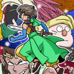  4boys blue_gloves brown_hair brown_sandals character_request check_gender commentary_request elbow_gloves fingerless_gloves gender_request gloves green_eyes holding holding_sword holding_weapon leg_up looking_back male_focus monkey multiple_boys ranma_1/2 sandals sword tagme touma_(ranma_1/2) wanta_(futoshi) weapon 