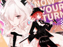  2girls alternate_costume arknights black_hat black_jacket black_necktie black_pants black_shirt breasts brown_eyes cane commentary_request cowboy_shot crownslayer_(arknights) dragon_girl dragon_horns floppy_ears frown hair_intakes hair_ornament hair_over_one_eye hairclip hat highres holding holding_cane horns hyena_ears hyena_girl jacket jewelry looking_at_viewer medium_breasts multiple_girls necktie open_clothes open_jacket pants red_eyes red_hair ring shadow71580825 shirt short_hair spoken_sweatdrop sweatdrop talulah_(arknights) twitter_username white_hair 