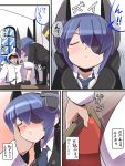  1girl admiral_(kantai_collection) blue_hair blush closed_eyes comic desk eyepatch gloves hand_on_another&#039;s_cheek hand_on_another&#039;s_face headgear kantai_collection personification popporunga short_hair tenryuu_(kantai_collection) translation_request 