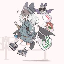 1girl animal animal_ears bag bat_(animal) bat_ears bat_girl bat_wings brown_eyes brown_hair brown_long-eared_bat_(kemono_friends) commentary_request extra_ears full_body grey_hair highres jersey kemono_friends kemono_friends_v_project long_hair looking_at_viewer poporu_(kemono_friends) shoes simple_background sunglasses toki_reatle virtual_youtuber wings 