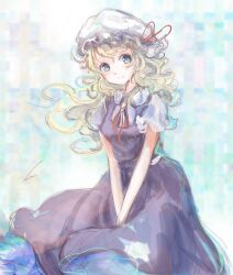  1girl blonde_hair blue_eyes collared_shirt commentary_request dress hat hat_ribbon highres long_hair maribel_hearn neck_ribbon own_hands_together pinafore_dress puffy_short_sleeves puffy_sleeves purple_dress red_ribbon ribbon shirt short_sleeves sleeveless sleeveless_dress solo touhou uwazumi white_shirt 
