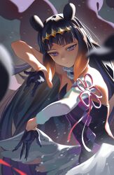  1girl absurdres black_gloves black_hair closed_mouth commentary detached_sleeves diamond_hairband dress gloves gradient_hair hairband hechium highres hololive hololive_english looking_at_viewer low_wings multicolored_hair ninomae_ina'nis ninomae_ina'nis_(1st_costume) orange_hair orange_hairband purple_dress single_detached_sleeve solo tentacle_hair violet_eyes virtual_youtuber white_sleeves white_wings wings 