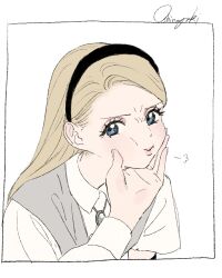  1girl 1other black_hairband blonde_hair blue_eyes bolo_tie border cheek_squash closed_mouth collared_shirt eyelashes furrowed_brow fuyuki_manon_(gomibako_(gomibako_price)) gomibako_(gomibako_price) grey_vest hair_behind_ear hairband hand_on_own_chin highres jewelry layered_sleeves lips long_hair long_sleeves looking_at_viewer motion_lines original portrait pout puckered_lips puff_of_air shirt short_sleeves signature simple_background sleeveless solo_focus upper_body v-shaped_eyebrows vest white_background white_shirt 