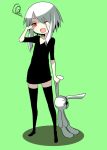  :x black_shirt borrowed_character green_background hinomaru_(kotoba) holding_ears ken_(koala) mouth open payot red_eyes rubbing_eyes scribble short_hair_with_long_locks stuffed_animal stuffed_bunny stuffed_toy thighhighs v-neck white_hair yawning zettai_ryouiki 