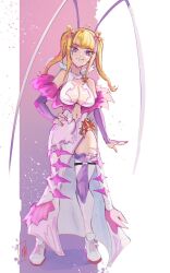  1girl ahoge arthropod_girl boutsoftheblind breasts bug cockroach cockroach_girl cosplay highres indie_virtual_youtuber matara_kan original pink_eyes pink_nails shyfruits side_slit thick_thighs thighs twintails virtual_youtuber 