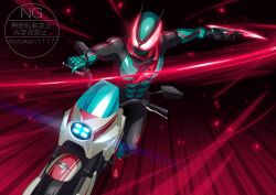  1boy absurdres armor black_background black_bodysuit bodysuit breakam_zeztzer capsems code_zeroider commentary english_commentary green_armor green_helmet helmet highres kamen_rider kamen_rider_zeztz kamen_rider_zeztz_(series) male_focus motor_vehicle motorcycle on_motorcycle otokamu red_background red_eyes riding solo tokusatsu zeztz_driver 