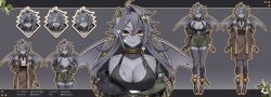 1girl absurdres ahoge anklet belt bracelet breasts broken_horn cleavage coat collar colored_skin commentary cup english_commentary full_body gargoyle grey_hair grey_skin hair_between_eyes highres holding holding_cup horns indie_virtual_youtuber jax_(vtuber) jewelry large_breasts long_hair necktie reference_sheet roxoah spiked_collar spikes tank_top virtual_youtuber wings yellow_eyes