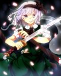  1girl blue_eyes cherry_blossoms hairband highres hitodama katana konpaku_youmu konpaku_youmu_(ghost) petals ribbon rokkou scabbard sheath shirt short_hair short_sleeves silver_hair skirt solo sword touhou vest weapon 