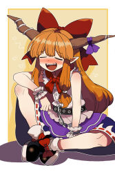  1girl :d belt black_shoes blue_ribbon blush bollzzalguy border bow bowtie brown_belt buttons chain closed_eyes commentary_request elbow_on_knee fangs footwear_bow frilled_wrist_cuffs frills hair_bow highres horn_ornament horn_ribbon horns ibuki_suika knee_blush knee_up knees long_hair orange_hair pointy_ears red_bow red_bowtie ribbon shadow shirt shoes sidelocks sitting sleeveless smile socks solo touhou white_border white_shirt white_socks wrist_cuffs yellow_background 