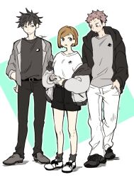  1girl 2boys black_hair black_pants brown_hair commentary_request facial_mark full_body fushiguro_megumi hand_on_own_hip holding holding_phone hood itadori_yuji jujutsu_kaisen kugisaki_nobara male_focus matsuda_(louol) multiple_boys pants phone pink_hair shirt short_hair socks spiky_hair swept_bangs undercut white_pants 