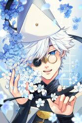  1boy black_shirt blue_background blue_eyes blue_flower commentary conical_hat english_commentary flower glasses gradient_background grid_background hat head_tilt highres long_sleeves looking_at_viewer male_focus open_mouth pince-nez qifrey_(tongari_boushi_no_atelier) rinspirit_art robe shirt short_hair smile solo tongari_boushi_no_atelier upper_body white_background white_hair white_hat white_robe 