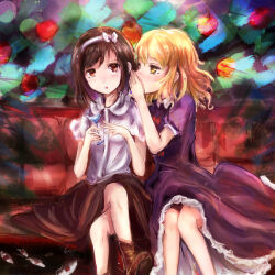  absurdres apple black_skirt blonde_hair blush boots bow brown_boots brown_eyes brown_hair collared_dress collared_shirt commentary_request cup dateless_bar_"old_adam" dress dress_bow food frilled_dress frills fruit gap_(touhou) hairband highres holding holding_cup maribel_hearn medium_hair official_alternate_costume open_mouth purple_dress red_bow shirt short_sleeves sitting skirt swept_bangs touhou usami_renko uwazumi whispering white_bow white_hairband white_shirt yellow_eyes 