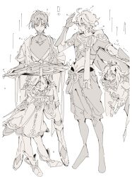  ! 2boys 2girls aether_(genshin_impact) ahoge anklet arm_behind_back armlet armor arms_at_sides blunt_ends bodysuit borrowed_clothes braid choppy_bangs closed_mouth covered_collarbone crop_top cropped_shirt detached_sleeves diamond_hair_ornament dress floating gem genshin_impact hair_between_eyes hair_ornament half_crown_braid halo hand_up height_difference holding improvised_umbrella japanese_clothes jewelry juban kimono layered_sleeves leaf leaf_hair_ornament leg_warmers levitation long_sleeves looking_at_another mechanical_halo midriff multiple_boys multiple_girls nahida_(genshin_impact) navel okktru open_clothes open_hand open_kimono open_mouth outdoors paimon_(genshin_impact) pants pauldrons pointy_ears rain romper sandals scaramouche_(genshin_impact) scarf sepia short_dress short_sleeves shoulder_armor shoulder_peek side_cape sideways_glance single_pauldron size_difference socks standing stirrup_footwear tareme toeless_legwear toes tsurime vambraces vision_(genshin_impact) wanderer_(genshin_impact) white_background zouri 