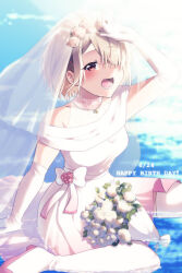  1girl :d absurdres alternate_costume arm_up blonde_hair blush boots bouquet bridal_veil bride commentary_request dress elbow_gloves flower full_body gloves hair_ornament hair_over_one_eye hairclip happy_birthday heaven_burns_red highres kayamori_ruka lower_teeth_only off-shoulder_dress off_shoulder one_eye_covered open_mouth puyopiku red_eyes short_hair sitting sleeveless sleeveless_dress smile solo teeth thigh_boots veil wariza water wedding_dress white_boots white_dress white_gloves 