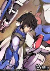 1boy black_hair commentary company_name copyright_logo copyright_name frown gn_sword gundam gundam_00 gundam_card_game gundam_exia helmet holding holding_unworn_helmet kakashino_kakato logo looking_at_viewer male_focus mecha mecha_pilot_suit mobile_suit normal_suit_(gundam) official_art orange_eyes robot setsuna_f._seiei short_hair solo unworn_headwear unworn_helmet 
