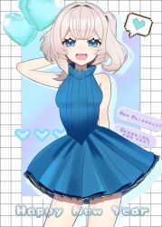  1girl :3 blonde_hair blue_dress blue_eyes dress hair_intakes heart highres marimari_(marimari_2.0)_(vtuber) marimari_(vtuber) open_mouth phase_connect short_eyebrows side_ponytail sleeveless sleeveless_dress tsukasa12598 virtual_youtuber 