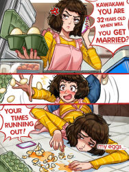  1girl accident age_conscious anger_vein apron broken_egg brown_eyes brown_hair cellphone character_age egg egg_carton egg_yolk eggshell english_text falling highres kawakami_sadayo neggoartz persona persona_5 phone shirt short_hair smartphone solo speech_bubble spinster striped_clothes striped_shirt talking_on_phone tripping yellow_shirt 