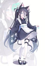  1girl absurdres animal_ear_fluff animal_ears apron aqua_halo aris_(blue_archive) black_dress black_hair black_shoes blue_archive blue_eyes bright_pupils cat_ears cat_girl cat_tail commentary dress english_commentary extra_ears hair_between_eyes halo highres long_hair long_sleeves looking_at_viewer maid maid_apron open_mouth pantyhose poko050498 shoes solo tail tail_around_own_leg twintails very_long_hair white_pantyhose wide_sleeves zoom_layer 