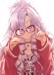  1girl :o adjusting_eyewear blush chest_tattoo commentary_request glasses high_ponytail hyakumantenbara_salome hyakumantenbara_salome_(casual) looking_at_viewer nijisanji ponytail purple_hair ringlets sikitebu_00 simple_background sleeves_past_wrists solo tattoo violet_eyes virtual_youtuber white_background 