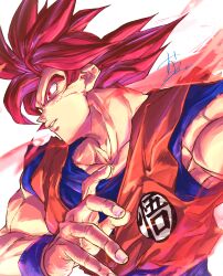  1boy absurdres blood blood_on_face blue_sash blue_shirt blue_wrist_cuffs commentary dougi dragon_ball dragon_ball_super dragon_ball_z dragon_ball_z_kami_to_kami english_commentary highres male_focus medium_hair muscular muscular_male orange_shirt ota_ta999 red_eyes red_hair sash shirt simple_background solo son_goku spiky_hair super_saiyan super_saiyan_god upper_body white_background wrist_cuffs 