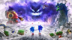  1boy 2204design 3d absurdres aged_down aura blender_(medium) blue_fur building bumper_(sonic) car chaos_(sonic) city classic_sonic commentary death_egg_robot destruction egg_dragoon english_commentary furry furry_male gears gloves glowing glowing_eyes green_eyes hedgehog_boy highres jewelry mecha metal_sonic monster motion_lines motor_vehicle multiple_boys non-humanoid_robot perfect_chaos red_shoes ring road_sign robot rubble ruins scenery sharp_teeth shoes sign smoke socks sonic_(series) sonic_generations sonic_the_hedgehog teeth time_eater_(sonic) water white_gloves white_socks 