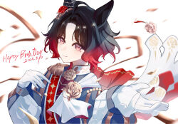  5sen5sen absurdres ahoge animal_ears black_jacket blush brooch brown_hair cape closed_mouth commentary_request ear_flower ear_ornament epaulettes flower flower_brooch four-pointed_star gloves gradient_hair happy_birthday highres horse_ears horse_girl jacket jewelry long_sleeves looking_at_viewer multicolored_hair print_sash red_cape red_hair red_sash rose_kingdom_(racing)_(umamusume) rose_kingdom_(umamusume) sash short_hair single_epaulette smile two-tone_hair umamusume upper_body vertical-striped_sleeves white_gloves 