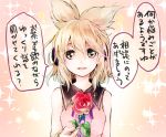  1girl brown_hair earmuffs flower makuwauri pink_background rose sleeveless solo sparkle touhou toyosatomimi_no_miko 