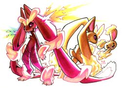  absurdres black_sclera brown_fur buneary colored_sclera evolutionary_line highres looking_at_viewer lopunny mega_lopunny no_humans pink_eyes pokemon pokemon_(creature) railroadlion signature simple_background white_background 
