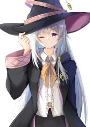  1girl adjusting_clothes adjusting_headwear bare_shoulders black_hat black_robe black_shoes black_skirt blue_eyes bow braid center_frills closed_mouth collared_shirt commentary elaina_(majo_no_tabitabi) frilled_skirt frills hair_between_eyes hair_bow hand_up hat highres holding kimura_mitsuki long_hair long_sleeves looking_at_viewer majo_no_tabitabi neck_ribbon one_eye_closed open_clothes open_robe pink_bow pink_ribbon pleated_skirt ribbon robe shirt shoes side_braid sign simple_background single_braid single_off_shoulder skirt sleeveless sleeveless_shirt smile solo white_background white_hair white_shirt witch witch_hat yellow_ribbon 