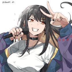  1girl bang_dream! bang_dream!_our_notes black_choker black_hair black_nails breasts brown_eyes brown_hair choker clenched_teeth colored_inner_hair grin guagua977 highres holding holding_microphone jacket jewelry long_hair long_sleeves medium_breasts microphone multicolored_hair multiple_rings nail_polish necklace off_shoulder purple_jacket ring short_sleeves simple_background smile solo suga_raika sweat teeth upper_body v white_background 