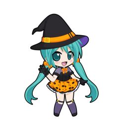  1girl :d aqua_eyes aqua_hair belt_buckle black_gloves black_hat black_outline black_shirt black_shoes blush bow bowtie buckle chibi chibi_only full_body game_asset gloves grey_shirt halloween hand_up hat hatsune_miku hatsune_miku_graphy_collection kneehighs layered_skirt legwear_garter long_hair looking_at_viewer low_twintails open_mouth orange_bow orange_bowtie orange_skirt outline polka_dot polka_dot_shirt pumpkin_print purple_socks shirt shoes short_sleeves skirt smile socks solo standing star_(symbol) star_print striped_clothes striped_socks transparent_background twintails vertical-striped_clothes vertical-striped_socks very_long_hair vocaloid witch witch_hat 