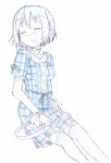  1girl agenasu alternate_costume casual dress hair_ornament hairclip mahou_shoujo_madoka_magica miki_sayaka monochrome plaid plaid_dress saliva short_hair simple_background sleeping solo traditional_media white_background 