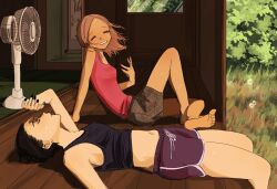  2girls bare_legs bare_shoulders barefoot black_hair black_nails black_tank_top brown_hair brown_shorts bush closed_eyes collarbone commentary day earrings electric_fan feet garden grass hand_up highres hot indoors jewelry komatsu_nana leaning_back lying midriff multiple_girls nail_polish nana_(series) nature on_back open_door orange_hair osaki_nana pink_tank_top purple_shorts red_nails short_hair shorts sitting slice_of_life sliding_doors soles stomach summer summer_uniform sunlight sweat tank_top untranslatable_commentary veranda window wooden_floor y4ntaoist 