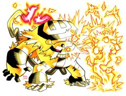  absurdres black_fur electivire electric_guitar guitar highres instrument looking_at_viewer no_humans pokemon pokemon_(creature) railroadlion signature simple_background solo two-tone_fur white_background yellow_fur 