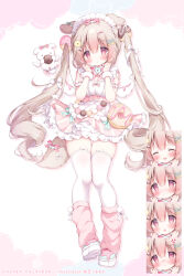  1girl animal_ears blue_shoes blush breasts brown_eyes brown_hair commentary_request dog_ears dog_girl dog_tail doughnut food food-themed_hair_ornament full_body hair_ornament hairclip hand_to_own_mouth highres kneehighs long_hair maid_headdress miniskirt momozu_komamochi multiple_expressions pink_skirt pink_socks ribbon shirt shoes skirt socks solo standing tail thigh-highs thighs twintails vlife white_shirt white_thighhighs 