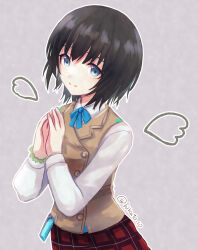  1girl angel_wings aoi_erika black_hair blue_bow blue_bowtie blue_eyes bow bowtie bracelet closed_mouth grey_vest heaven_burns_red highres jewelry looking_at_viewer own_hands_together shirt toyatopa twitter_username vest white_shirt wings 