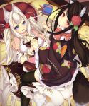  absurdres animal_ears blonde_hair blue_eyes brown_eyes brown_hair fang flower hair_flower hair_ornament highres holding_hands japanese_clothes kimono long_hair lying on_back original pillow shirohina straddling tail thighhighs twintails very_long_hair zettai_ryouiki 