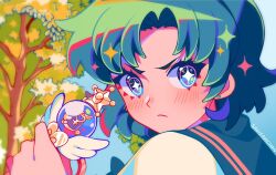  1girl aqua_hair artist_name bishoujo_senshi_sailor_moon blush closed_mouth colored_lower_eyelashes commentary highres holding holding_wand magical_girl mizuno_ami outdoors profile sailor_collar sailor_mercury savi_(byakushimc) short_eyebrows short_hair solo sparkle sparkling_eyes wand 