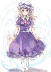  1girl blonde_hair blue_eyes blush closed_mouth collared_dress commentary_request contrast_collar dress frilled_dress frilled_shirt_collar frilled_sleeves frilled_wrist_cuffs frills hat highres maribel_hearn mob_cap neck_ribbon no_shoes purple_dress red_ribbon ribbon sash smile socks solo standing touhou uwazumi white_hat white_sash white_socks wrist_cuffs 