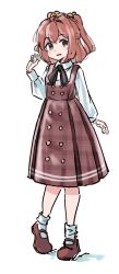  1girl 5alive adapted_costume bell black_ribbon blush brown_dress collared_shirt commentary dress hair_bell hair_ornament highres long_sleeves mary_janes medium_hair motoori_kosuzu neck_ribbon open_mouth orange_hair pinafore_dress red_shoes ribbon shirt shoes sleeveless sleeveless_dress socks solo touhou waving white_background white_shirt white_socks 