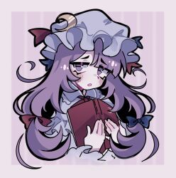  1girl asymmetrical_bangs blue_bow blush blush_stickers book bow bowtie collar crescent crescent_hat_ornament dreamysuite dress frilled_collar frilled_sleeves frills hair_bow hat hat_ornament holding holding_book long_hair looking_at_viewer mob_cap multiple_hair_bows patchouli_knowledge purple_dress purple_hair purple_hat red_bow solo striped_background touhou upper_body violet_eyes 