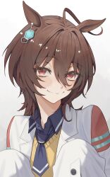  1girl absurdres agnes_tachyon_(tach-nology)_(umamusume) agnes_tachyon_(umamusume) ahoge animal_ears blue_necktie blue_shirt blush brown_hair closed_mouth coat collared_shirt commentary eikusumo hair_between_eyes highres horse_ears horse_girl looking_at_viewer necktie red_eyes shirt short_hair sleeves_past_fingers sleeves_past_wrists smile solo sweater umamusume white_coat wolf_cut yellow_sweater 