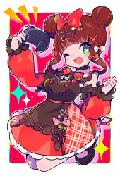  1girl ;d bare_shoulders black_shirt black_shoes blunt_bangs blush border bow bowtie brown_hair clenched_hand commentary_request commission controller detached_sleeves double_bun frilled_skirt frills full_body game_controller green_eyes hair_bow hair_bun hair_ornament heart heart-shaped_pupils highres holding holding_controller holding_game_controller honoca6190 long_sleeves looking_at_viewer one_eye_closed open_mouth original outline outside_border red_background red_bow red_bowtie red_skirt red_sleeves shirt shoes short_hair skeb_commission skirt sleeveless sleeveless_shirt smile solo symbol-shaped_pupils white_border white_outline x_hair_ornament 