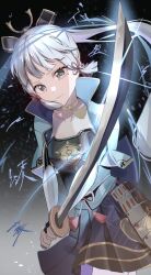  1girl armor blue_hair blue_pupils breastplate closed_mouth commentary_request cowboy_shot fighting_stance floating_hair genshin_impact glint gradient_background grey_eyes highres holding holding_sword holding_weapon japanese_armor kamisato_ayaka kamisato_clan_(emblem) katana long_hair looking_at_viewer mole mole_under_eye neck_tassel ponytail richi_1214 solo sword tassel weapon 