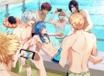  6+boys black_hair blonde_hair blue_hair camera clear_(dramatical_murder) dog dramatical_murder innertube koujaku multiple_boys noiz_(dramatical_murder) pool redhead ren_(dramatical_murder) seragaki_aoba shirtless shorts smile trip_(dramatical_murder) virus_(dramatical_murder) wanrenzaogao water white_hair 